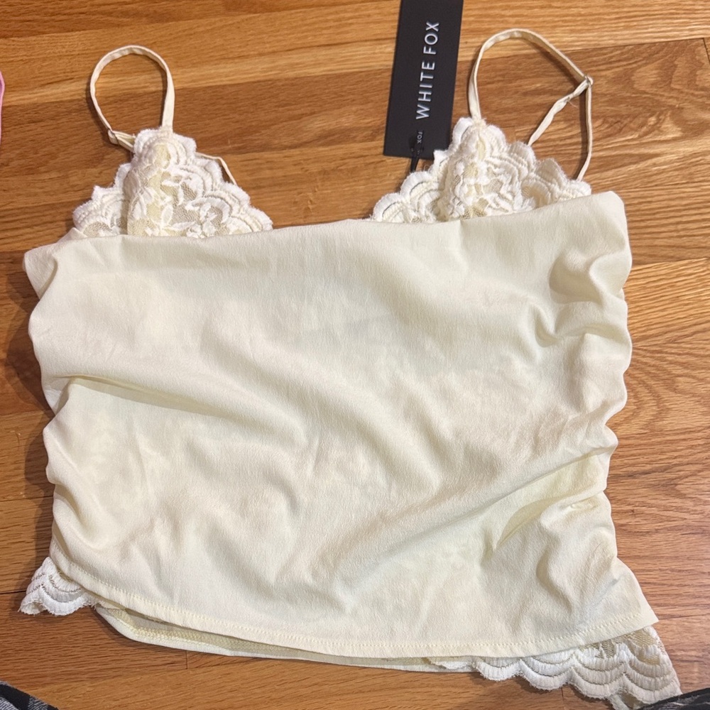 White Fox Boutique Cream Lace Trim Tank Top
